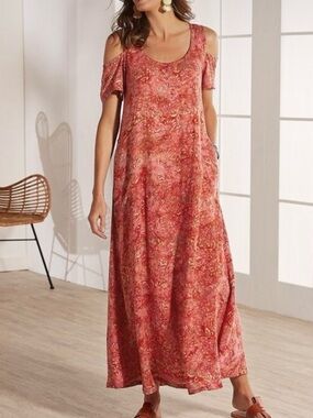 Soft Surroundings XL Pink Batik Cold Shoulder Maxi Dress Boho Resort